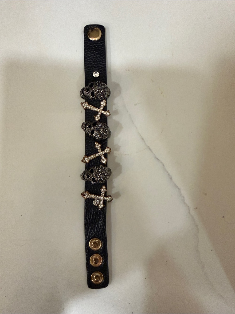 Black Skull & Crossbones Leather Snap Bracelet